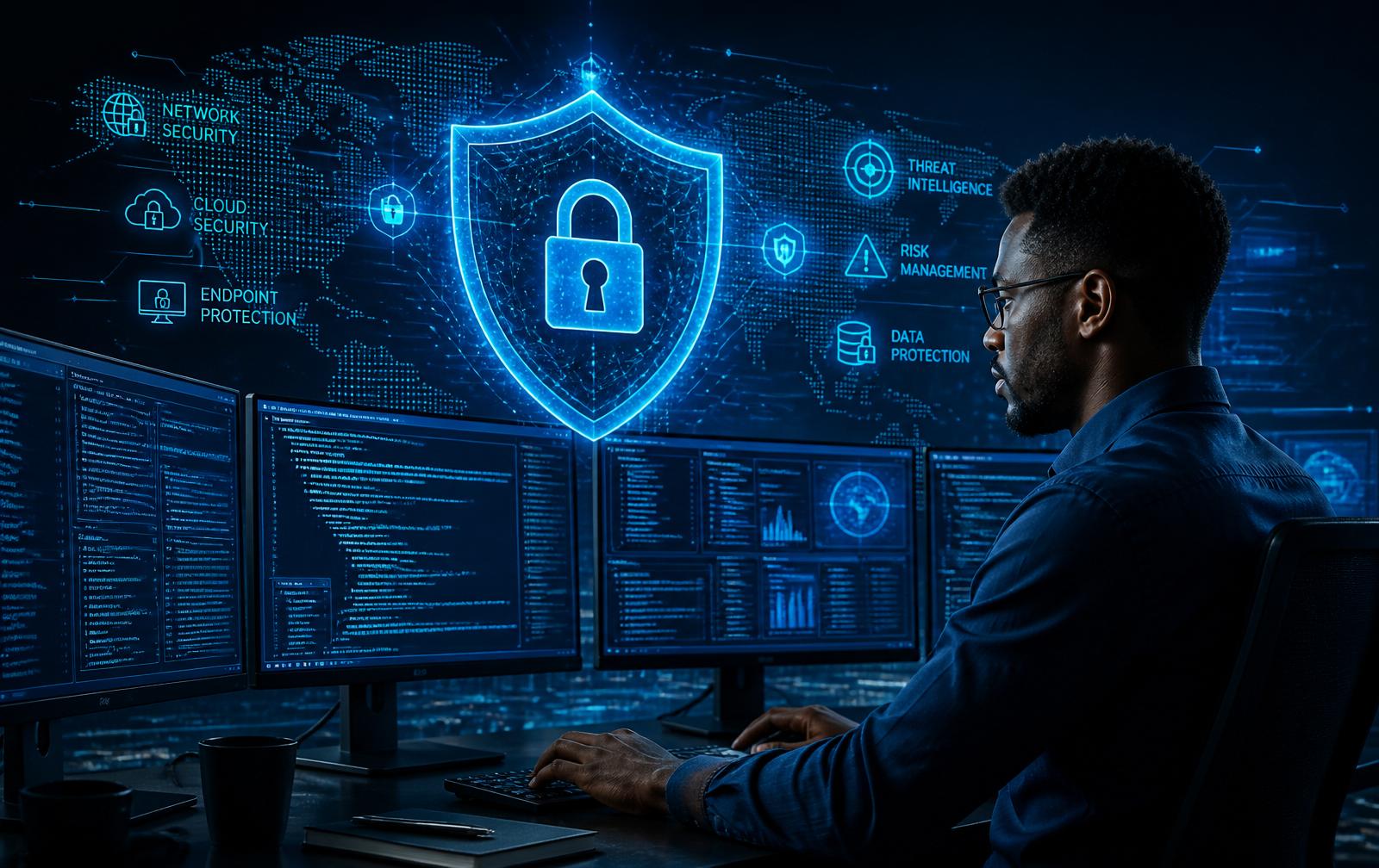 Cybersecurity expert working with holographic shield